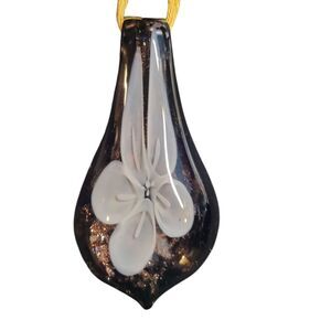 Art Glass Necklace Pendant Teardrop Brown White Lily 3 x 1.25 No Chain NEW